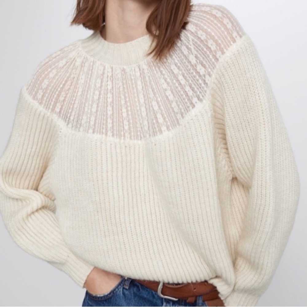 Zara Cream Sweater with Sheer Lace Yoke